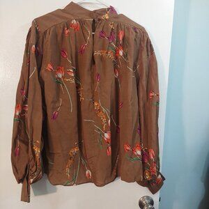 H&M HM Brown Floral Balloon Sleeve Blouse NWOT 14